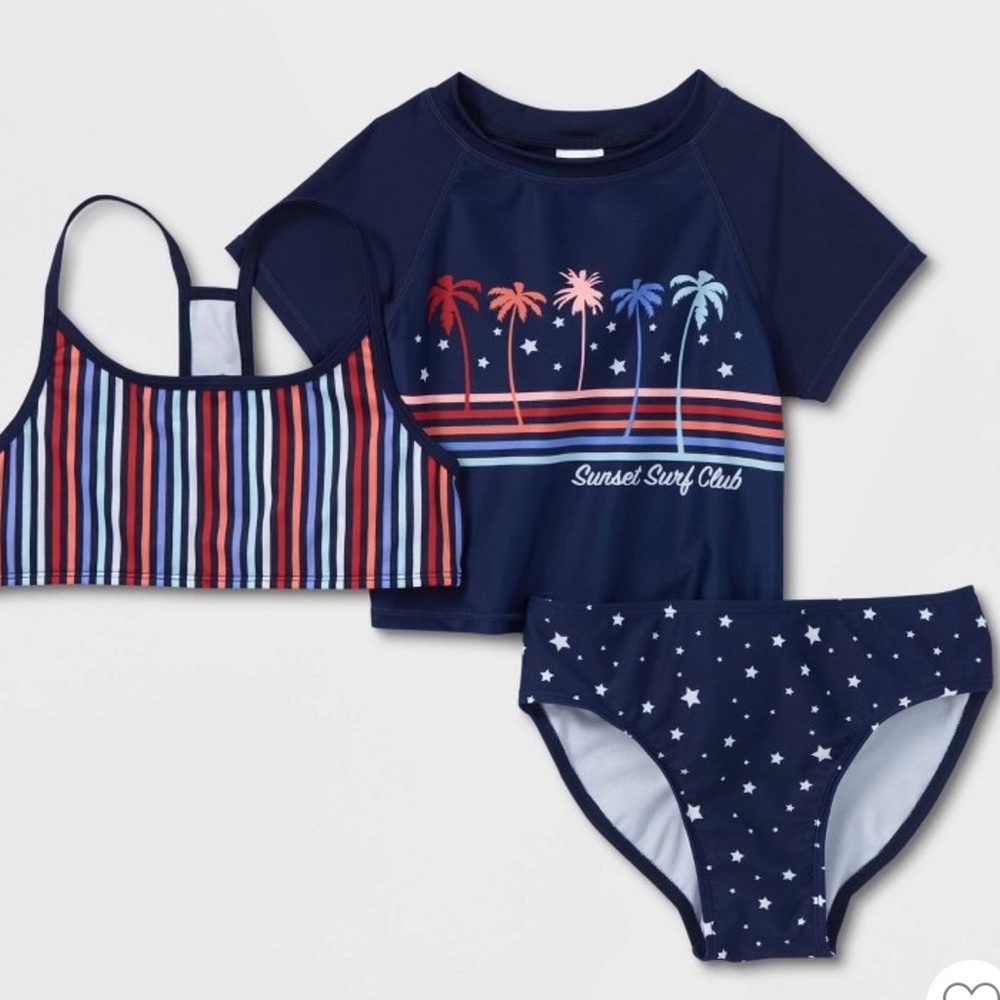 Art Class Girls 3 Piece Rashguard Swimsuit Set Sunset Surf Club design X…